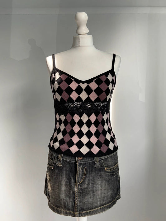 Vintage 00s Argyle Knit Top - Size S - Funky Cat