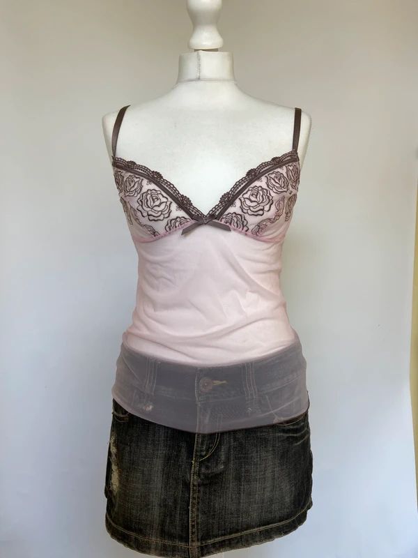 Vintage Yamamay Embroidered Baby Pink Mesh Cami - Size S/M