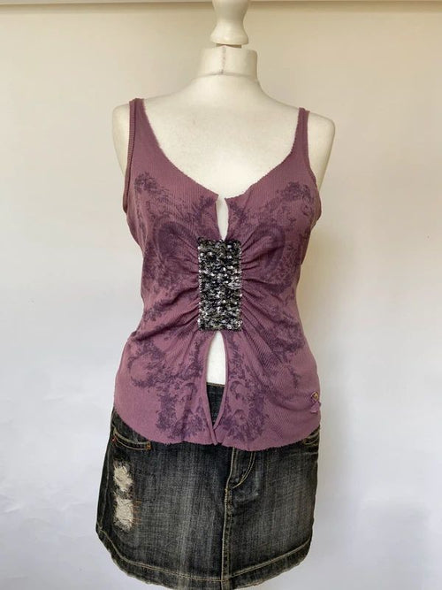 Vintage 00s Sequin Top - Size M/L - Funky Cat