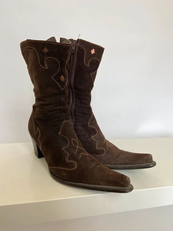 Vintage Boho Suede Cowboy Boots - Size UK 6