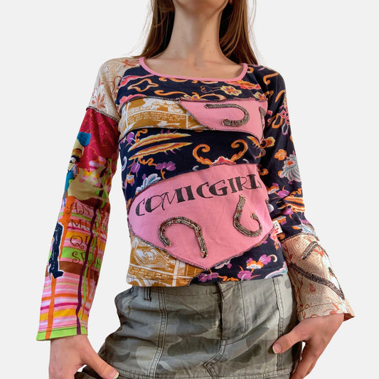 00s Patchwork Long Sleeve Top - Size XS - Funky Cat