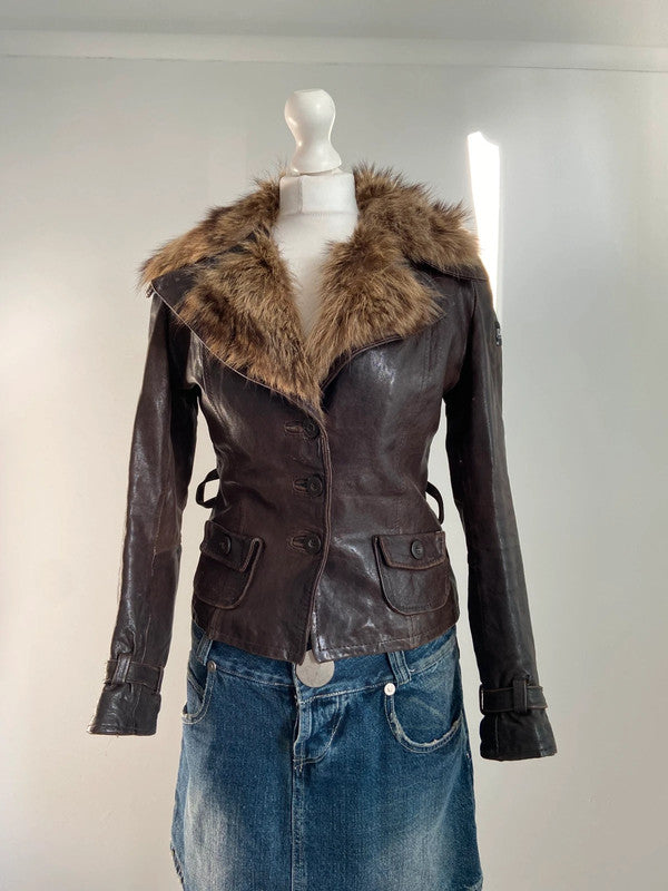 Vintage 00s Fur Trim Leather Jacket - Size S - Funky Cat