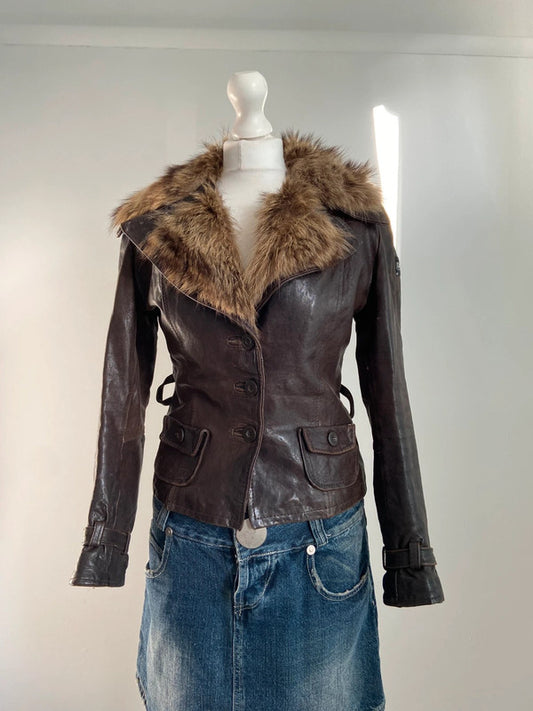 Vintage 00s Fur Trim Leather Jacket - Size S