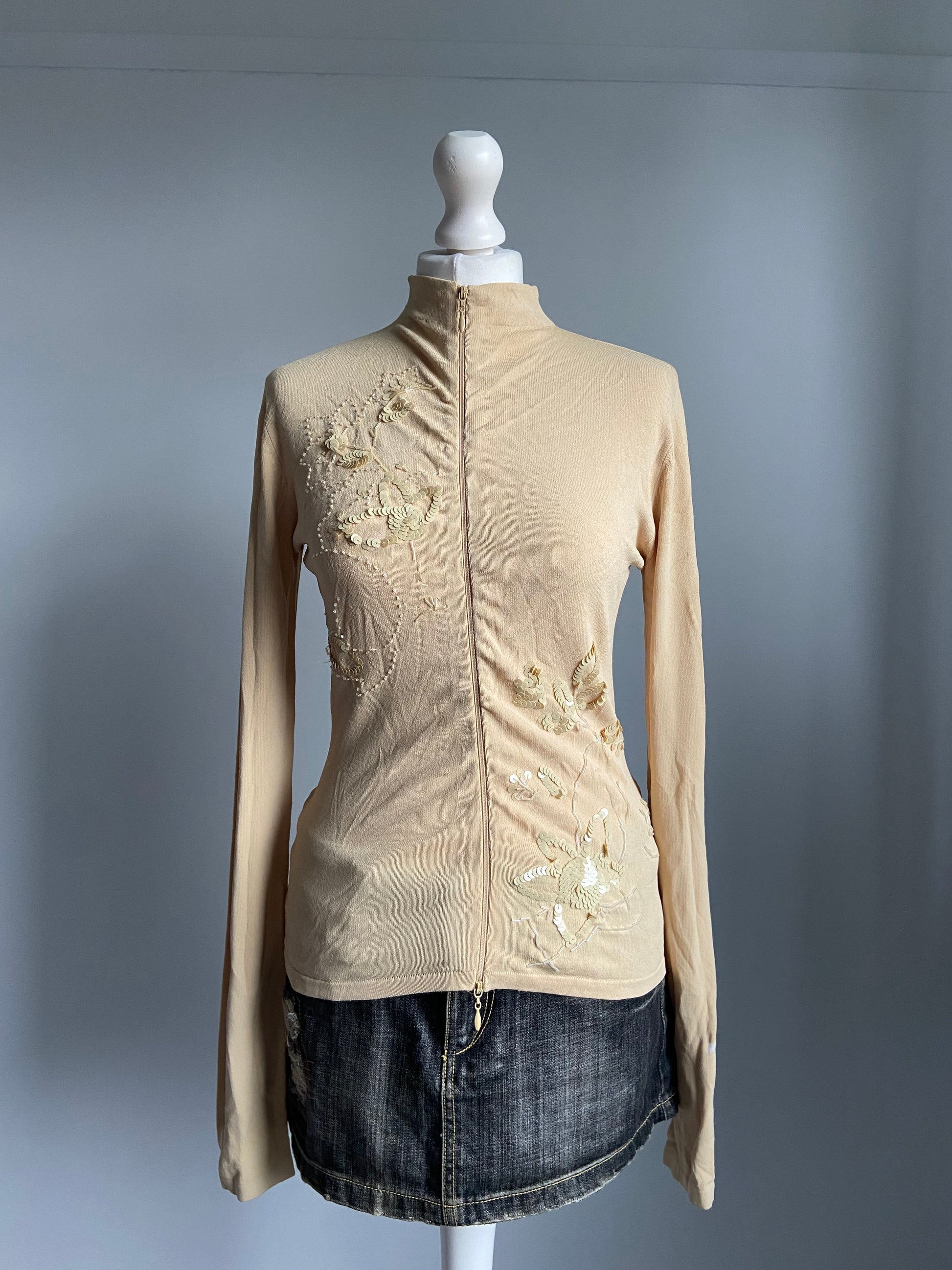 Vintage 00s Sequin Double Zip Top - Size S/M - Funky Cat