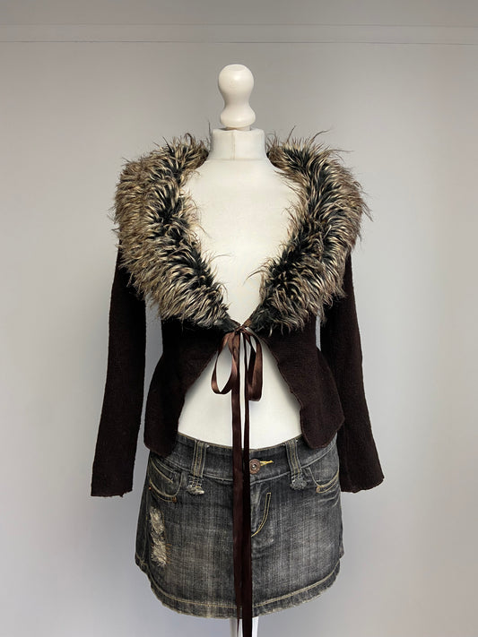 Vintage 00s Fur Trim Tie Cardigan - Size S/M
