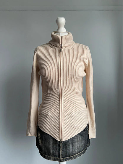 Vintage 00s Asymmetric Zip Up Ribbed Jumper - Size M - Funky Cat