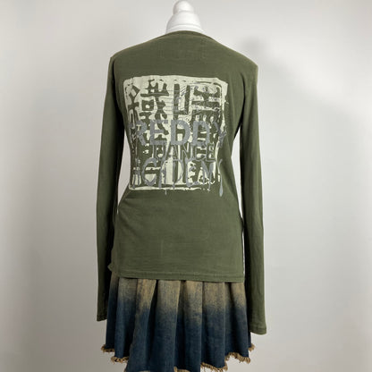 00s Khaki Graphic Print Top With Lace Up Detailing - Size M