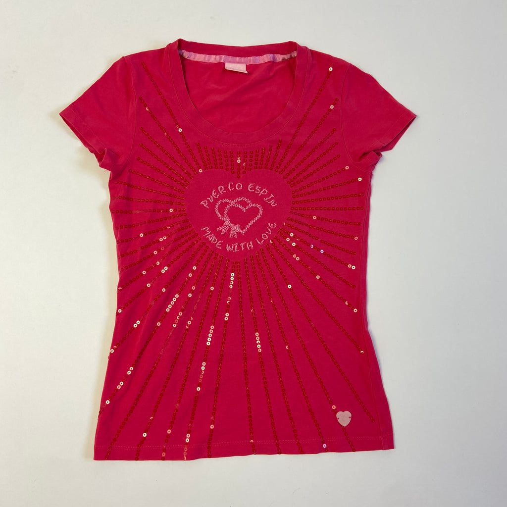 00s Hot Pink Sequin T-Shirt - Size S - Funky Cat