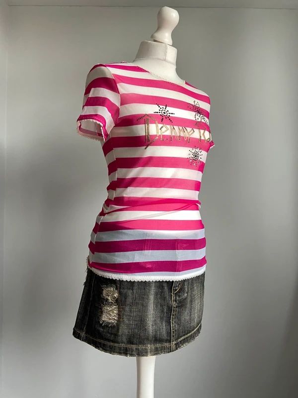 Vintage 00s Striped Baby Tee - Size L - Funky Cat