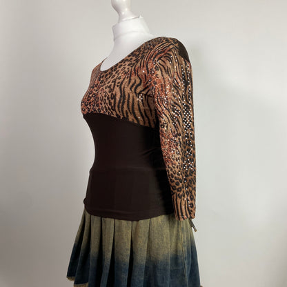 00s Brown & Cheetah Print Shimmery Top - Size S