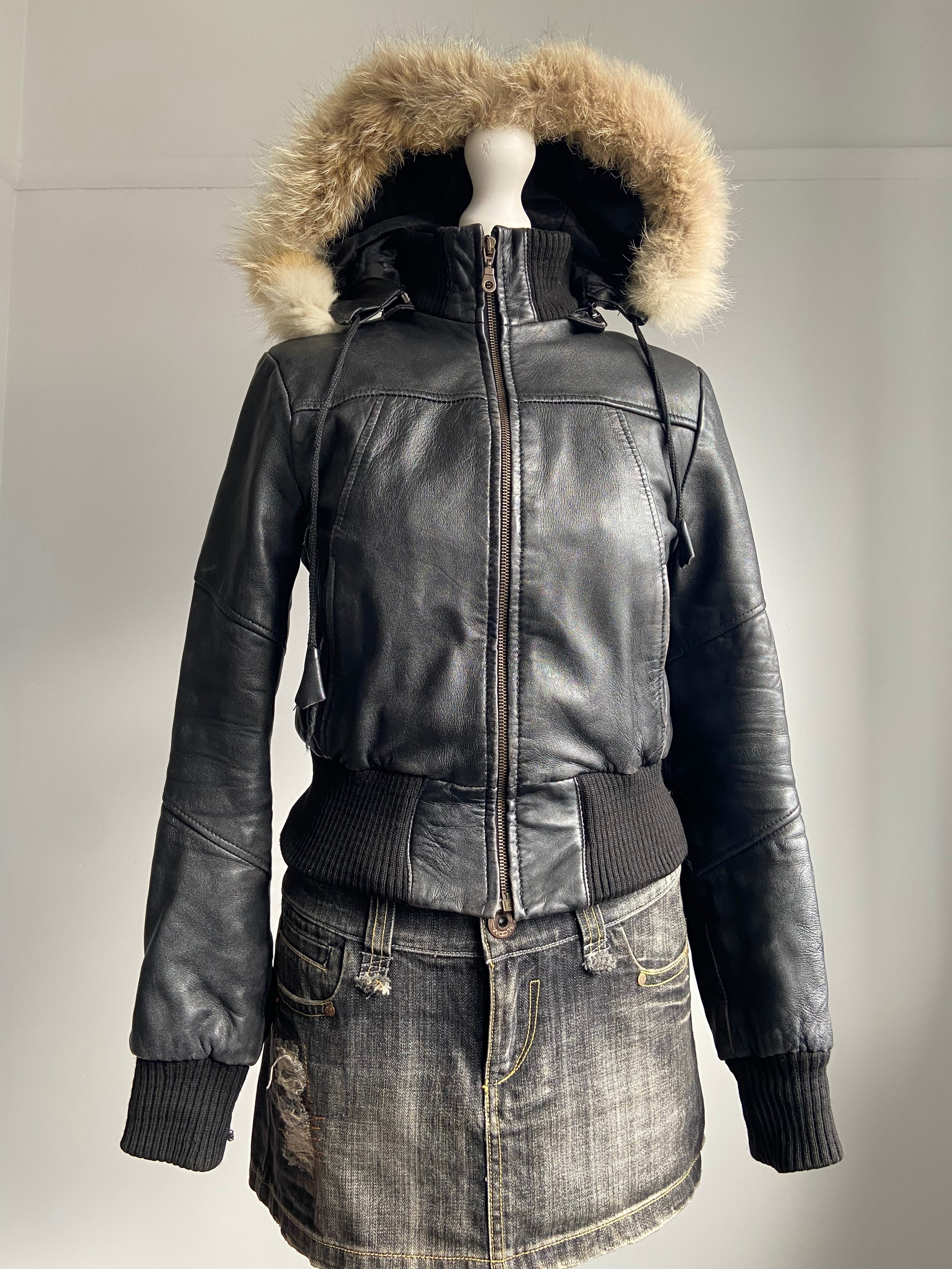 Vintage 00s Fur Hooded Leather Jacket - Size S