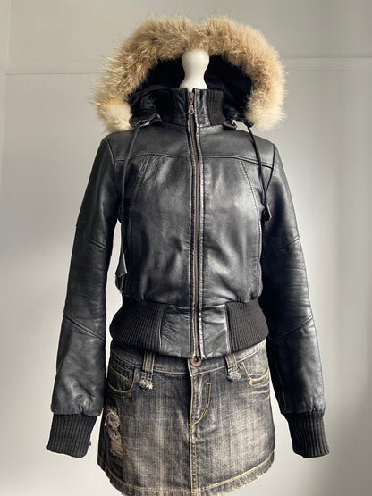 Vintage 00s Fur Hooded Leather Jacket - Size S
