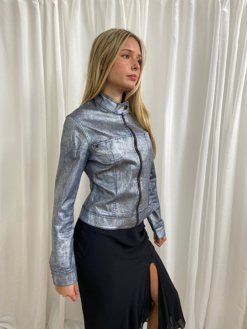Vintage 00s Zip Up Racer Denim Jacket - Size S
