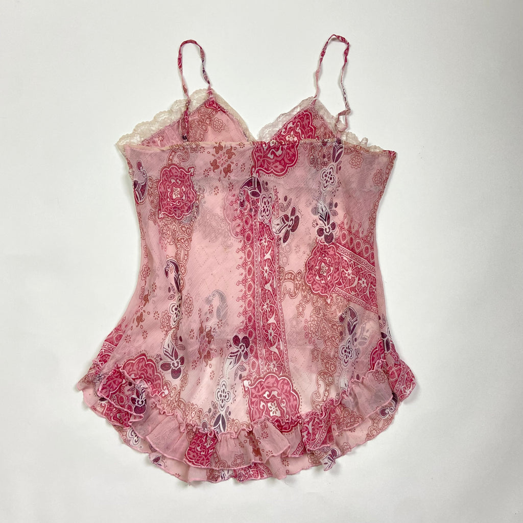 00s Lace Trim Pink Ruffled Cami - Size L - Funky Cat