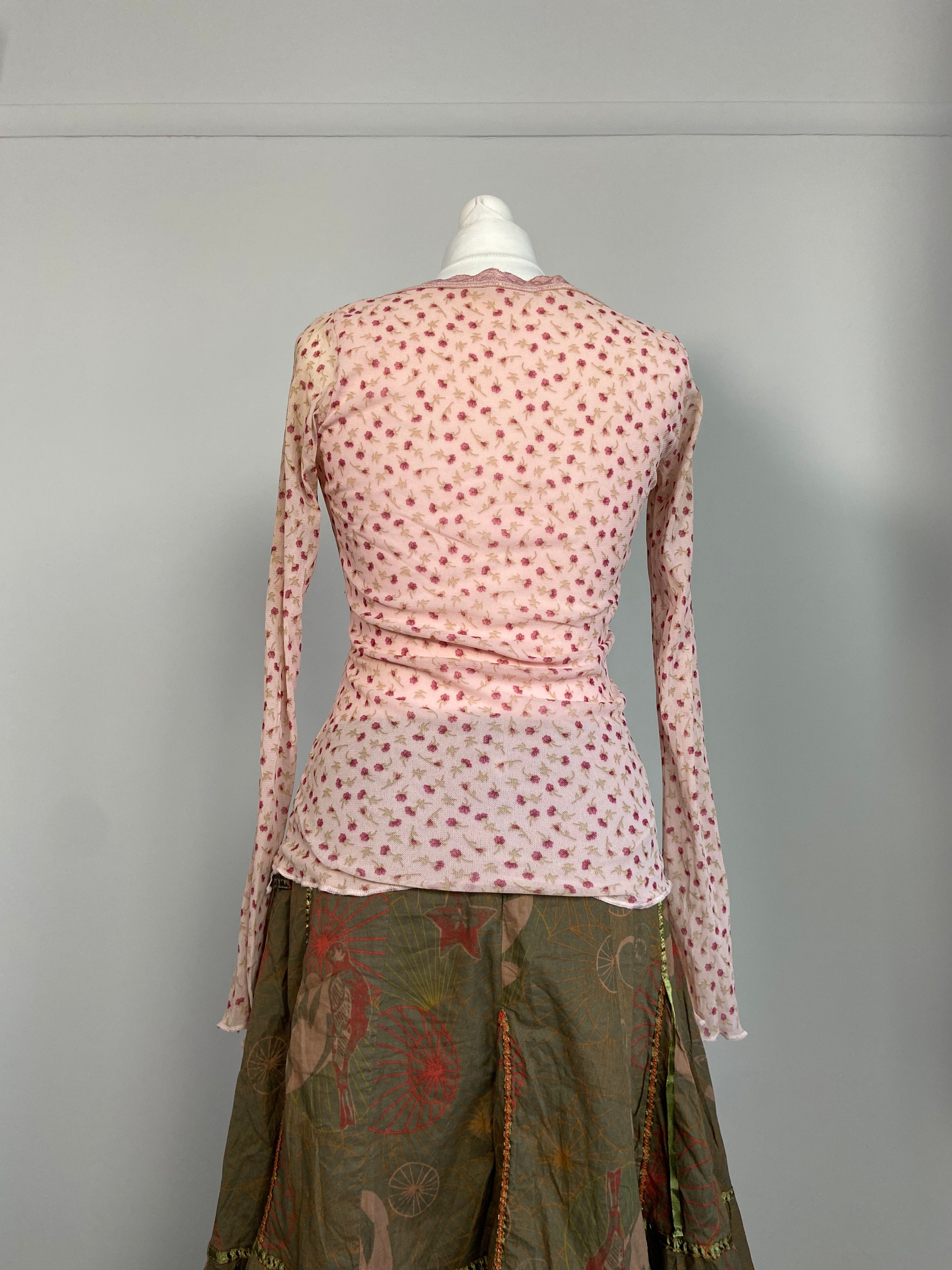 Vintage 00s Mesh Floral Top - Size S - Funky Cat