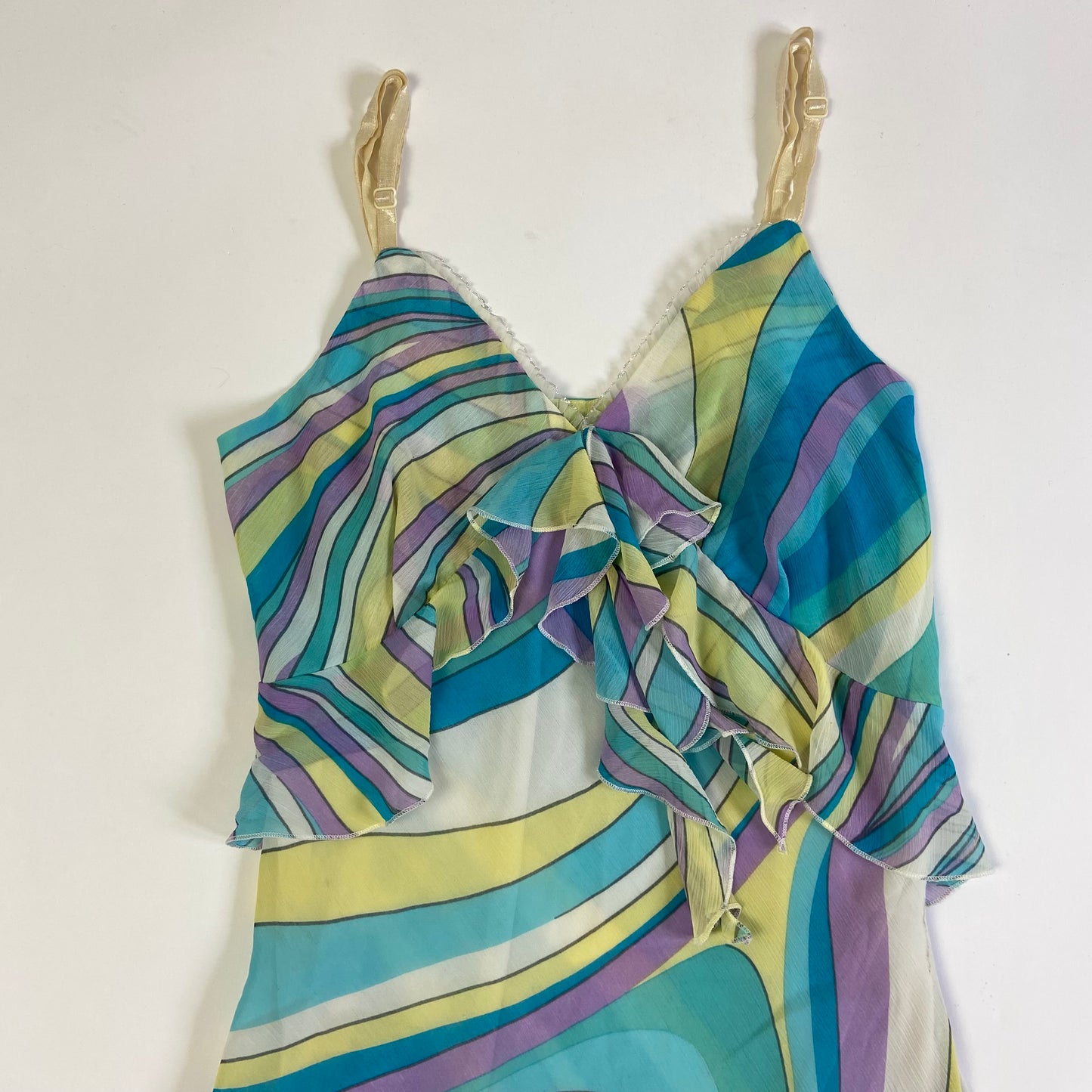 00s Multicoloured Striped Ruffled Dress - Size M/L