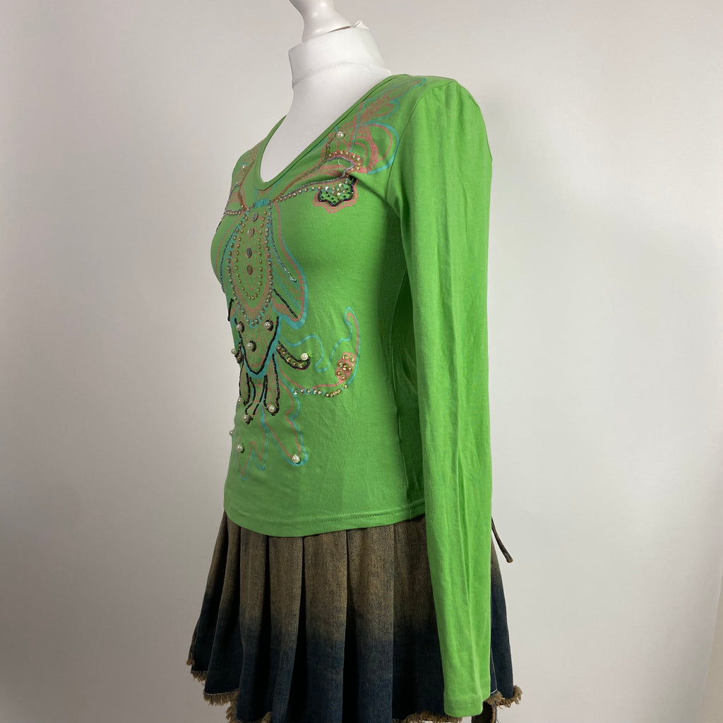 00s Embellished Long Sleeve Top - Size S/M - Funky Cat