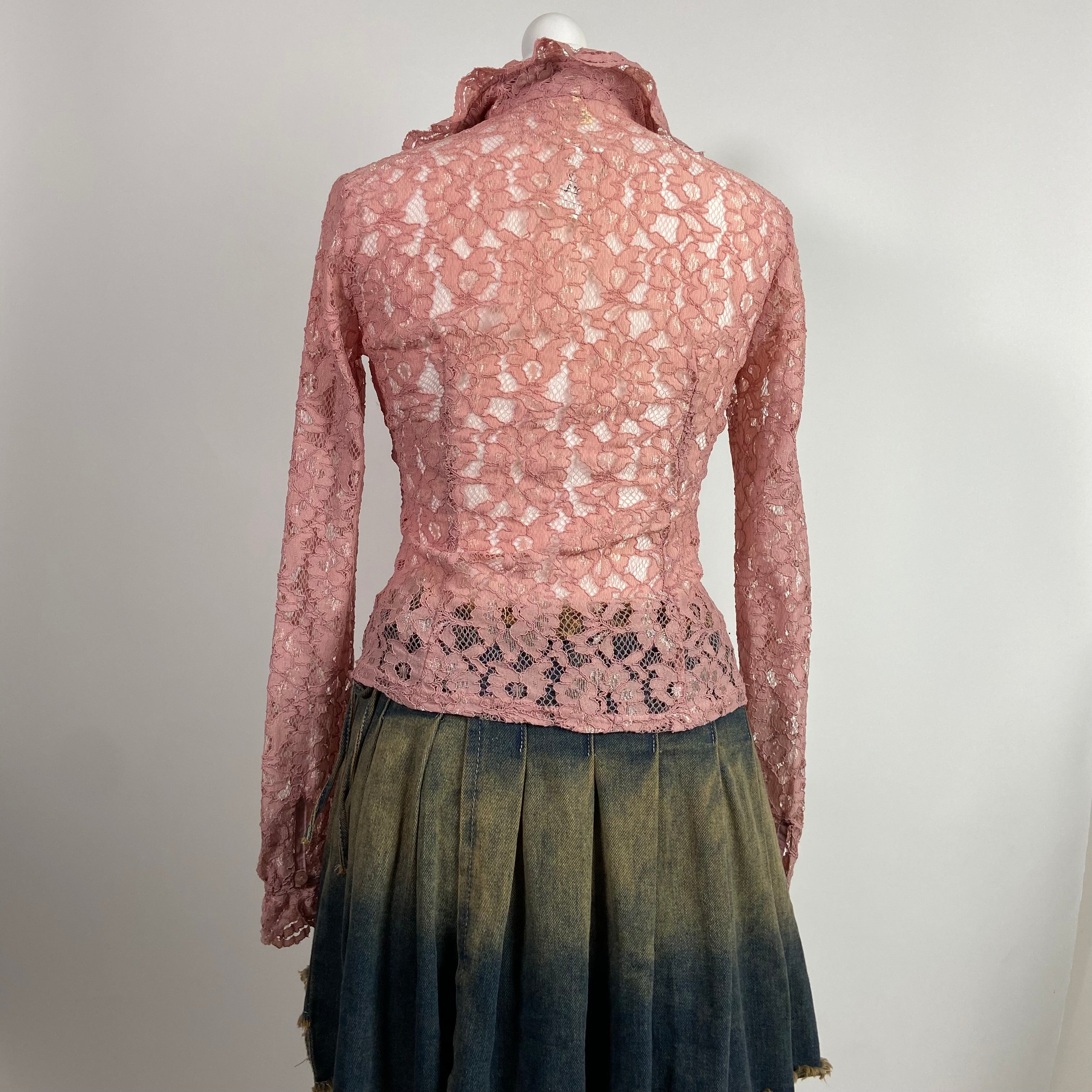 00s Pink Lace Button Up Shirt - Size S - Funky Cat