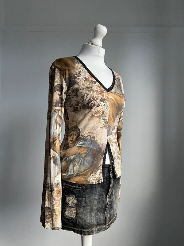 Vintage 00s Graphic Print Top - Size S/M - Funky Cat