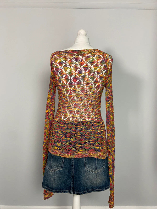 Vintage 00s Multicoloured Mesh Top - Size M - Funky Cat