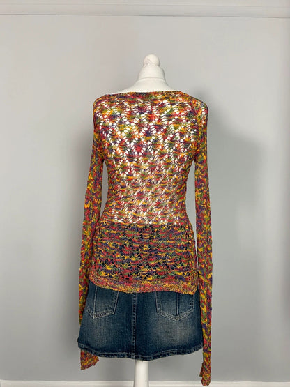Vintage 00s Multicoloured Mesh Top - Size M - Funky Cat