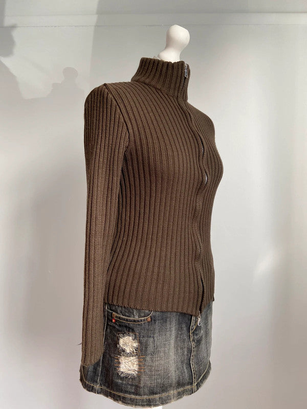 Vintage 00s Brown Zip Up Jumper - Size M - Funky Cat