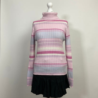 00s Striped Roll Neck Jumper - Size XL