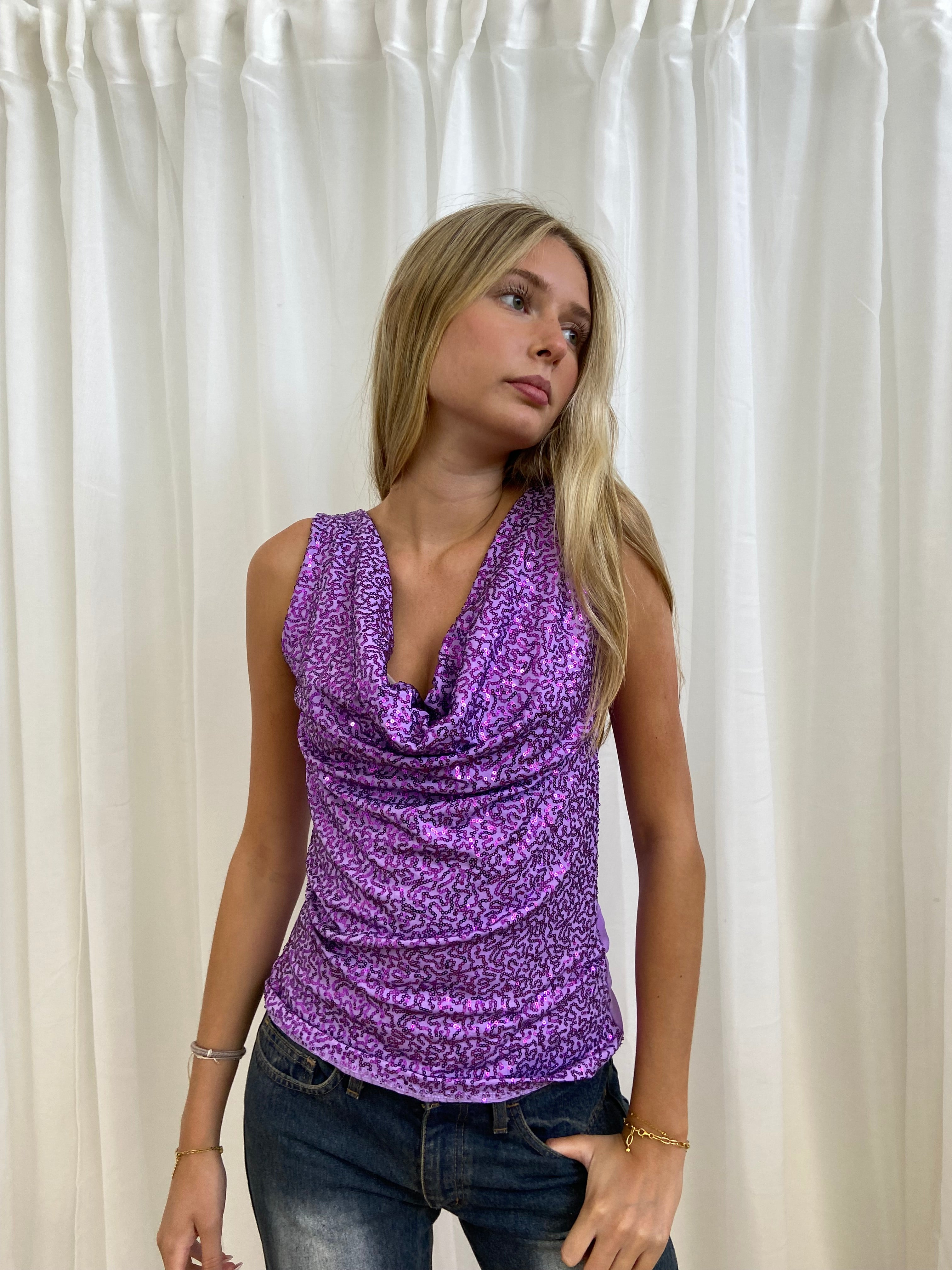 Vintage 00s Sequin Cowl Neck Top - Size M