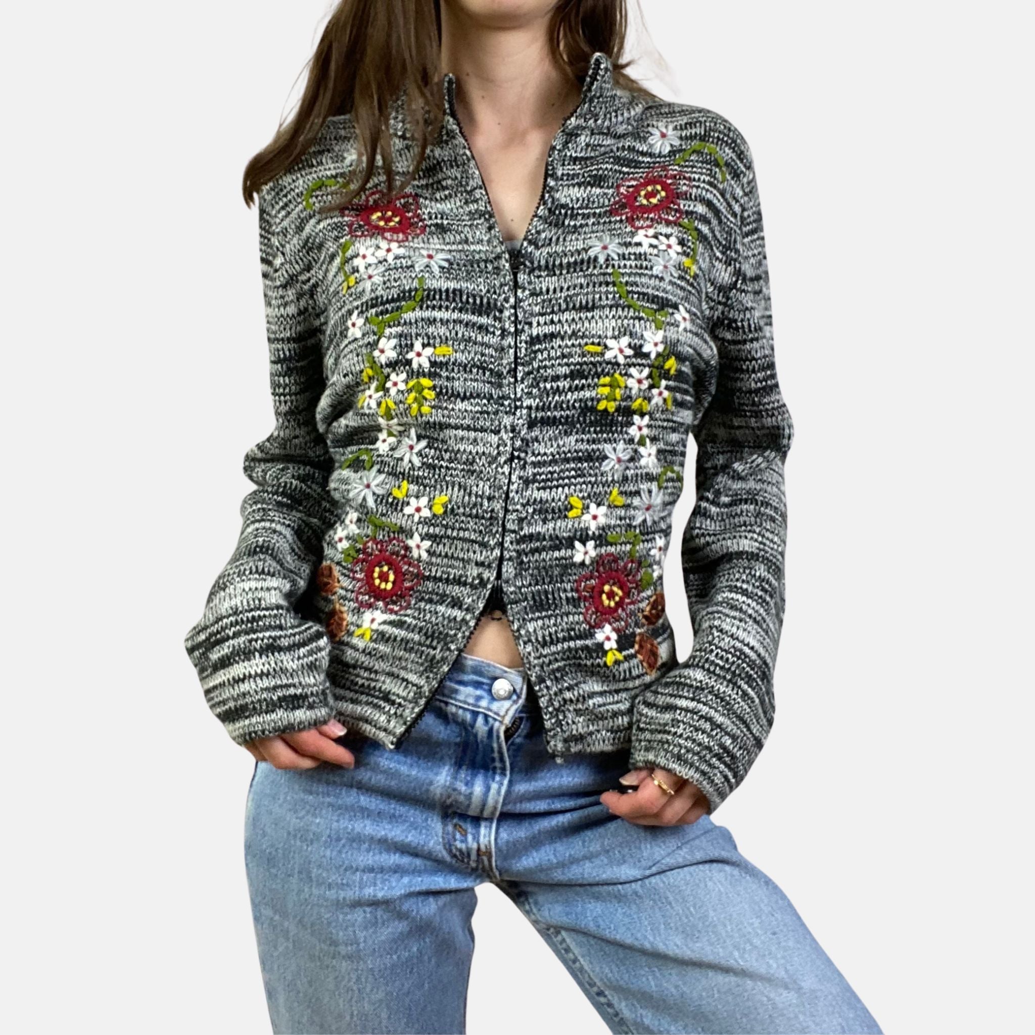 00s Embroidered Zip Jumper - Size S - Funky Cat