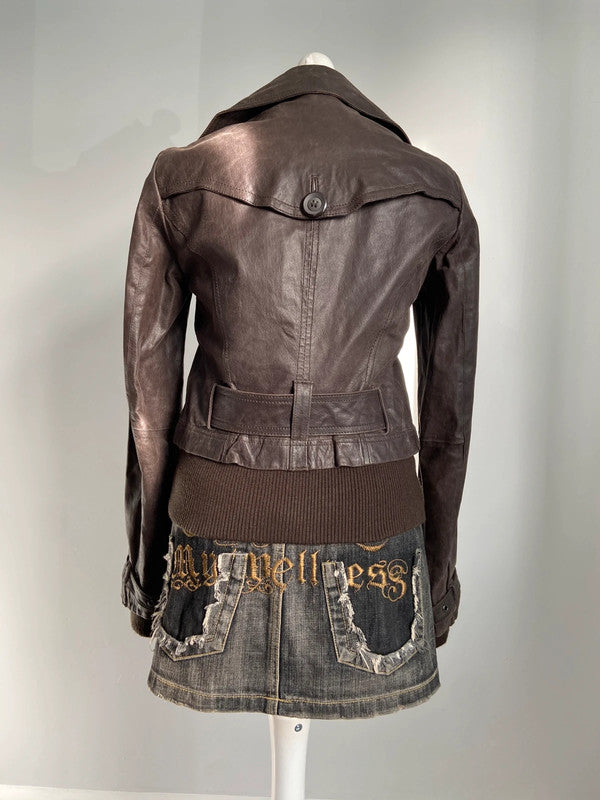 Vintage 00s Belted Leather Jacket - Size S/M - Funky Cat