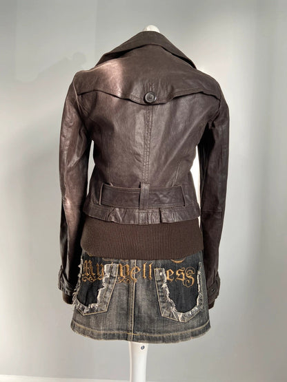 Vintage 00s Belted Leather Jacket - Size S/M - Funky Cat