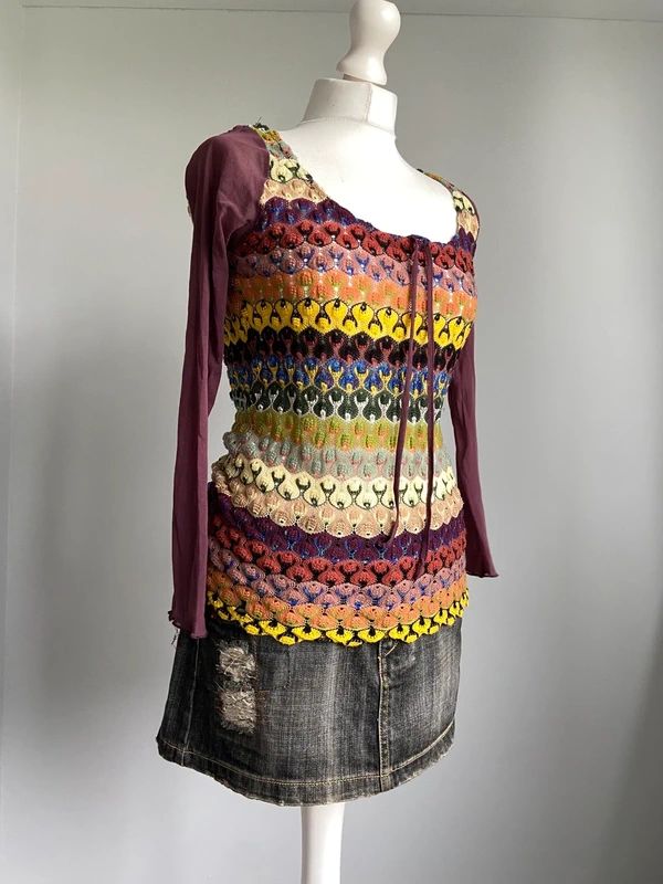 Vintage 00s Multicoloured Crochet and Mesh Top - Size M - Funky Cat