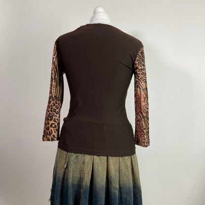 00s Brown & Cheetah Print Shimmery Top - Size S