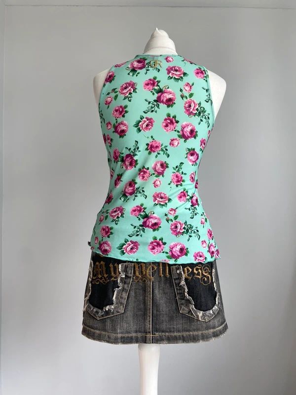 Vintage 00s Floral Asymmetrical Buckle Top - Size S/M - Funky Cat
