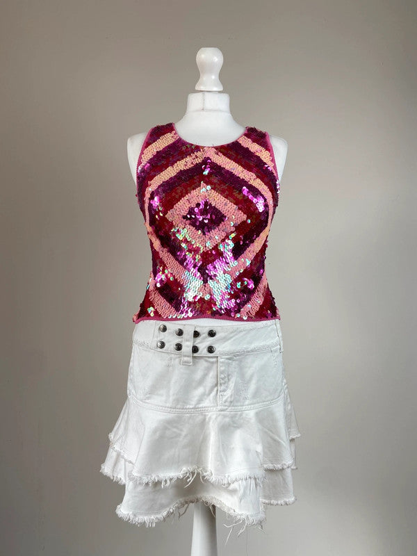 00s Pink Sequinned Vest Top - Size S - Funky Cat