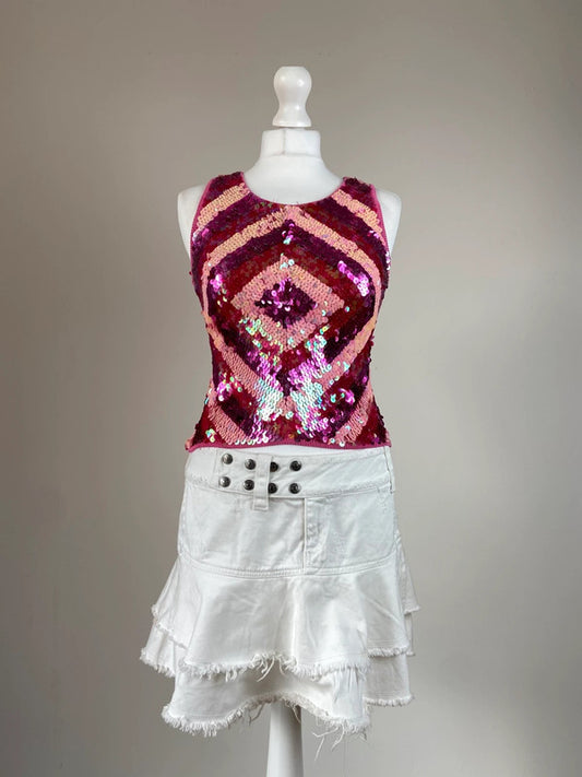 00s Pink Sequinned Vest Top - Size S