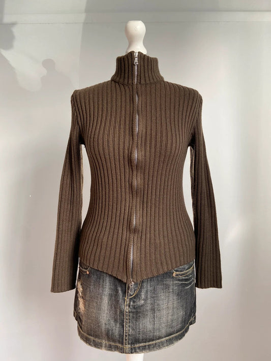Vintage 00s Brown Zip Up Jumper - Size M - Funky Cat