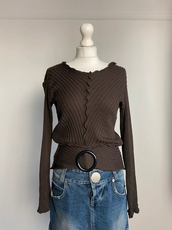 Vintage 00s Belted Ribbed Top - Size S/M - Funky Cat