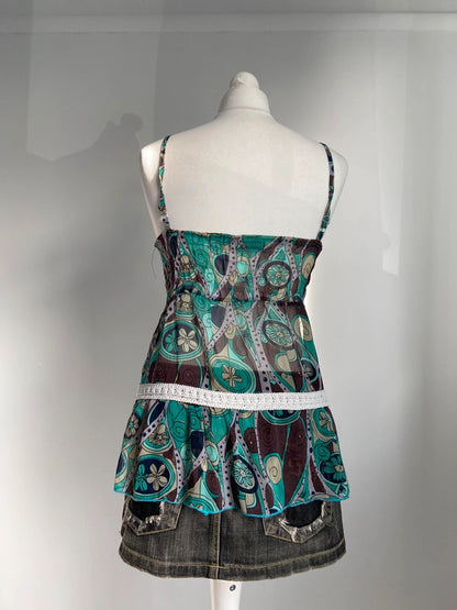 Vintage 00s Babydoll Cami Top - Size S - Funky Cat