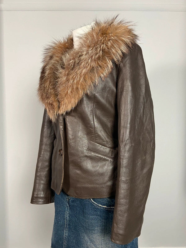 Vintage Leather Fur Trim Jacket - Size L