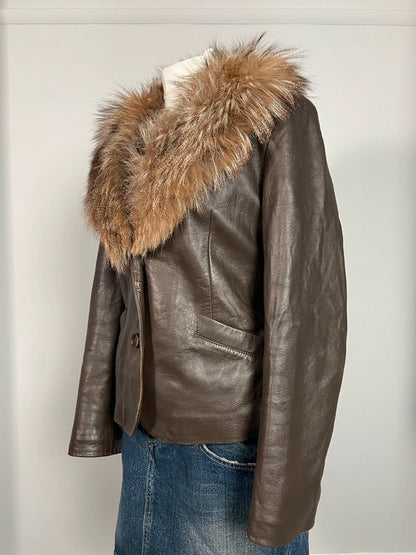 Vintage Leather Fur Trim Jacket - Size L