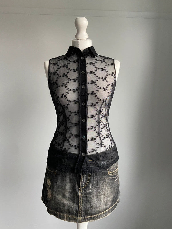 D&G Embroidered Mesh Top - Size S - Funky Cat