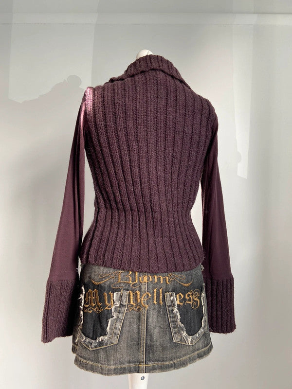 Vintage 00s Purple Ribbed Knit Cardigan- Size S/M - Funky Cat