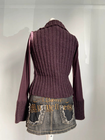 Vintage 00s Purple Ribbed Knit Cardigan- Size S/M - Funky Cat