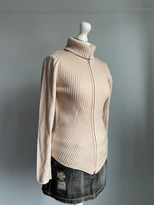 Vintage 00s Asymmetric Zip Up Ribbed Jumper - Size M - Funky Cat