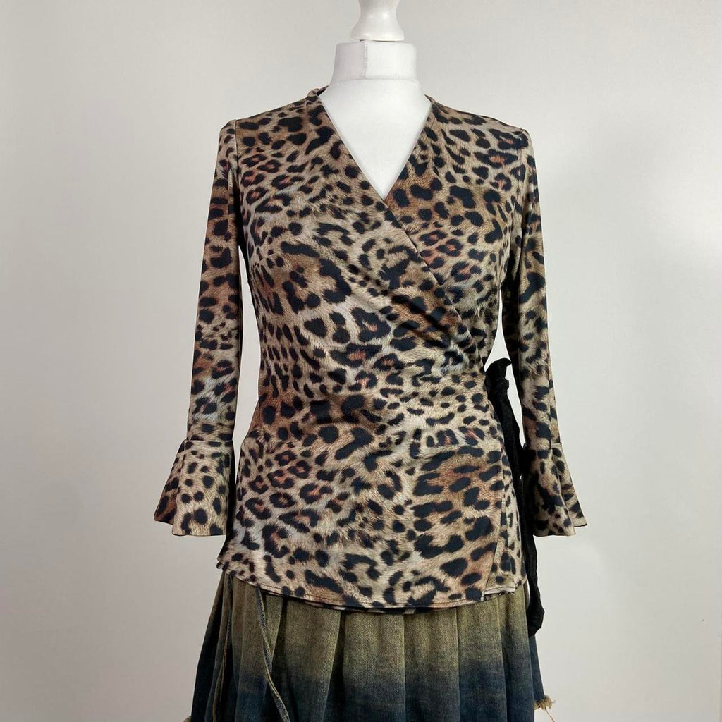 00s Leopard Print Wrap Top - Size M - Funky Cat