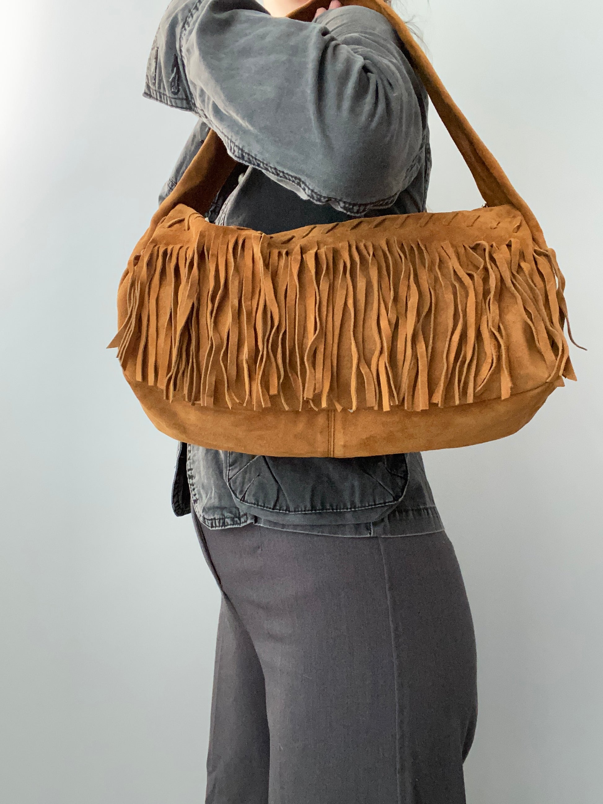 Vintage 00s Suede Fringe Shoulder Bag - Funky Cat