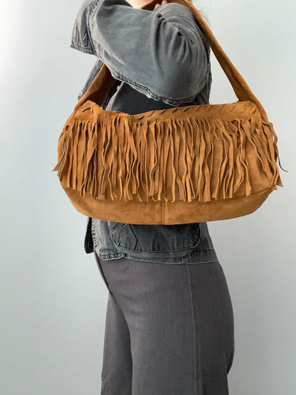 Vintage 00s Suede Fringe Shoulder Bag - Funky Cat