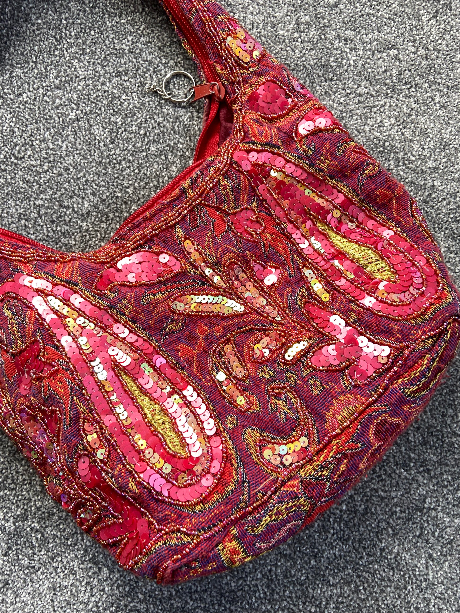 Vintage 00s Sequin Beaded Slouchy Shoulder Bag - Funky Cat