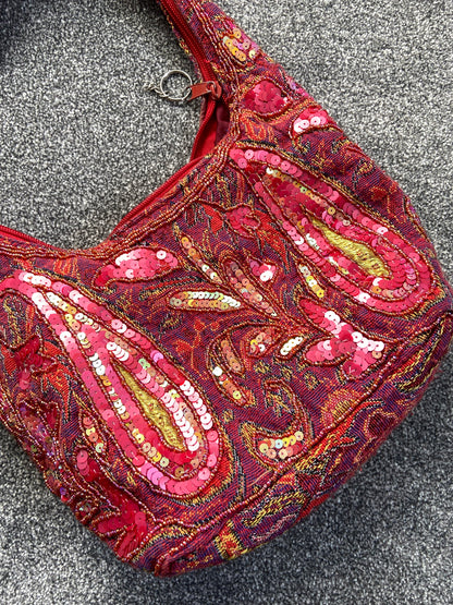 Vintage 00s Sequin Beaded Slouchy Shoulder Bag - Funky Cat